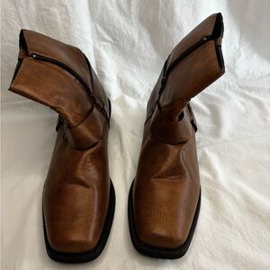 Brown Faux Leather Square Toe Moto Ankle Boots Side Zipper Buckle Straps Size 11